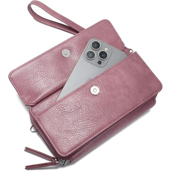 Women Lilac Rose Imported Faux Leather Crossbody Wallet With Phone Pocket Bags - Picture 3 of 4